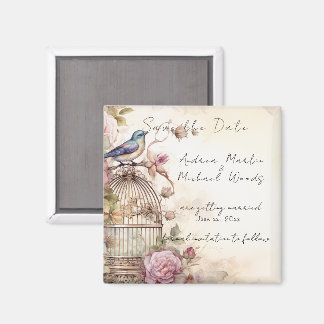 Bewaar de datum Blauwe Vogel Roze Rozen Magneet