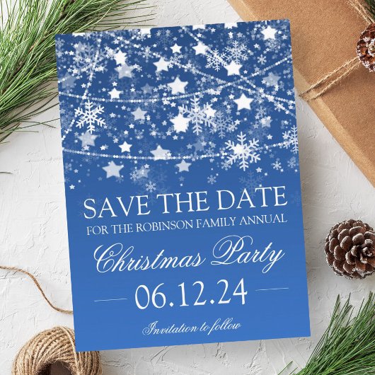 Bewaar de datum Blue Winter Holiday String Lights Aankondigingskaart