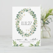 Bewaar de datum botanische eucalyptus + madeliefth save the date (Staand voorkant)