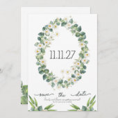 Bewaar de datum botanische eucalyptus + madeliefth save the date (Voorkant / Achterkant)