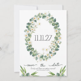 Bewaar de datum botanische eucalyptus + madeliefth save the date