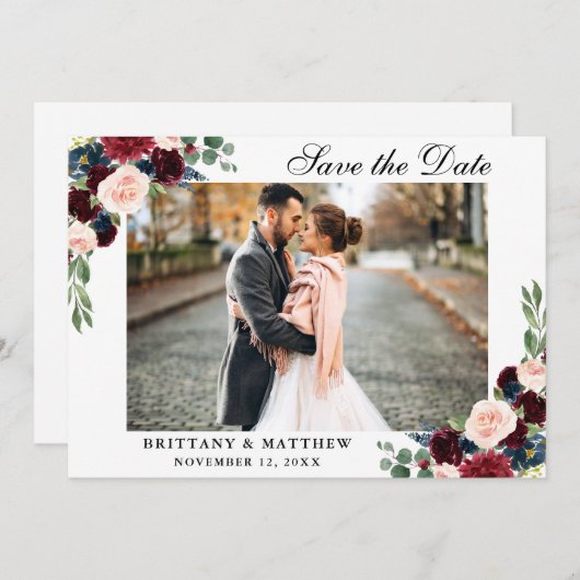 Bewaar de datum Bourgogne Blue Floral Photo Card Bedankkaart (Voorkant / Achterkant)