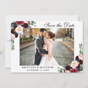 Bewaar de datum Bourgogne Blue Floral Photo Card Bedankkaart