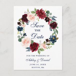 Bewaar de datum Bourgogne Blue Floral Wreath Aankondigingskaart
