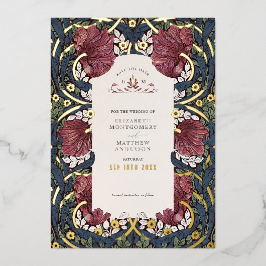 Bewaar de datum Bourgondische Marine Blue Pimperne Folie Uitnodiging (Voorkant)