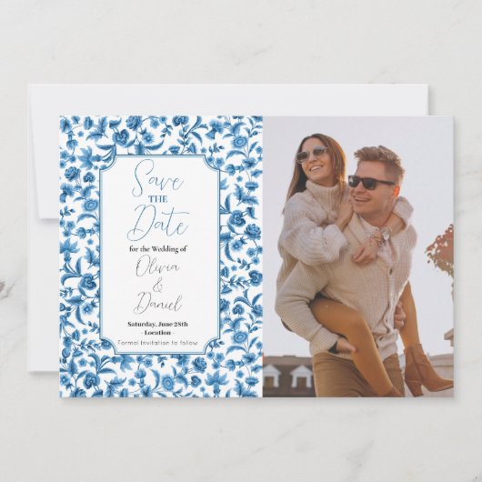 Bewaar de datum Chintz Blauw & Wit Bloemen Ditsy Save The Date (Voorkant)