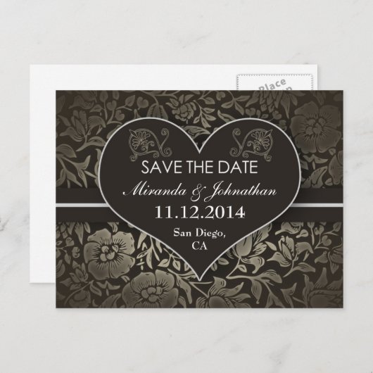 Bewaar de datum  Damask Love Heart Post Cards Aankondigingskaart (Voorkant / Achterkant)