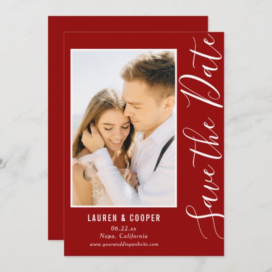 Bewaar de datum donkerrode stijlvolle moderne trou (Voorkant / Achterkant)