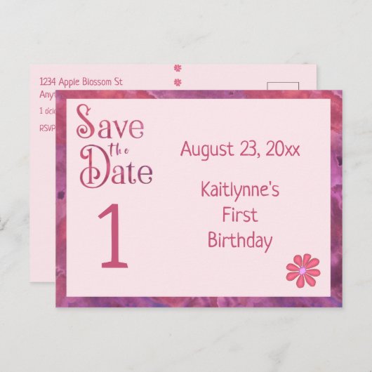 Bewaar de datum eerste verjaardag voor een meisje aankondigingskaart (Voorkant / Achterkant)