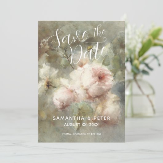 Bewaar de datum Elegante Antiek Rozen Soft Pink Kaart (Staand voorkant)