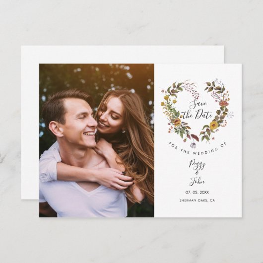 Bewaar de datum Elegante bloemhartenguirlande foto Aankondigingskaart (Voorkant / Achterkant)
