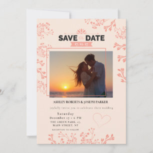 Bewaar de datum – Elegante Roze Bloemige Fototrouw Feestdagenkaart