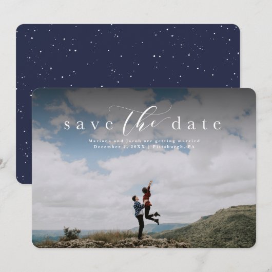 Bewaar de datum elegante script fotokaart save the date (Voorkant / Achterkant)