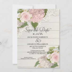 Bewaar de datum foto kant roze hortensia houten he save the date