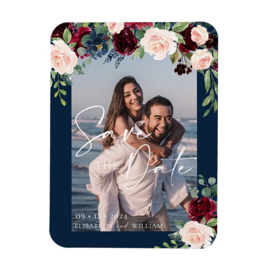 Bewaar de datum foto Navy Bourgondië en Blush  Magneet (Verticaal)