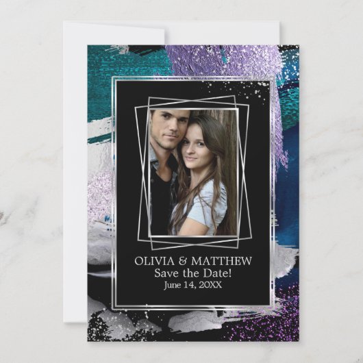 Bewaar de datum | Foto Zilveren Turkoois Paars Abs Kaart (Voorkant)