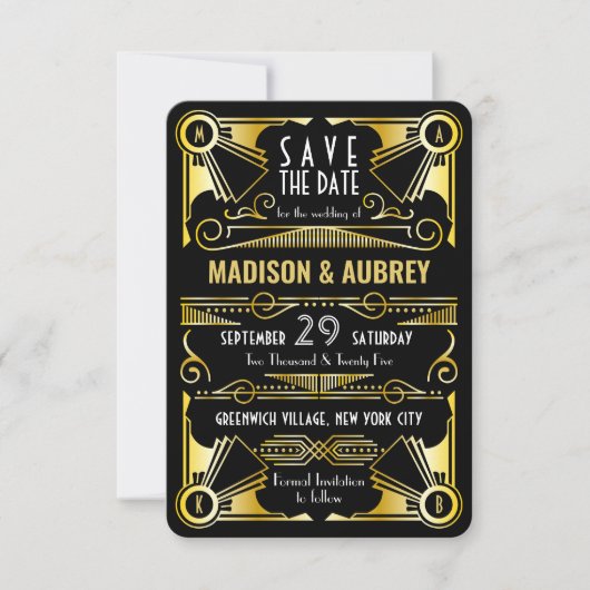 Bewaar de datum Gatsby Bruiloft Art Deco Goud Zwar Save The Date (Voorkant)
