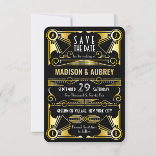 Bewaar de datum Gatsby Trouwdag Art Deco Goud Zwar Save The Date