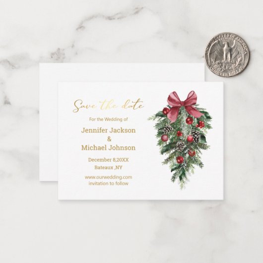 Bewaar de datum Gold Script Christmas  Card Notitiekaartje (Voorkant / Achterkant in situ)