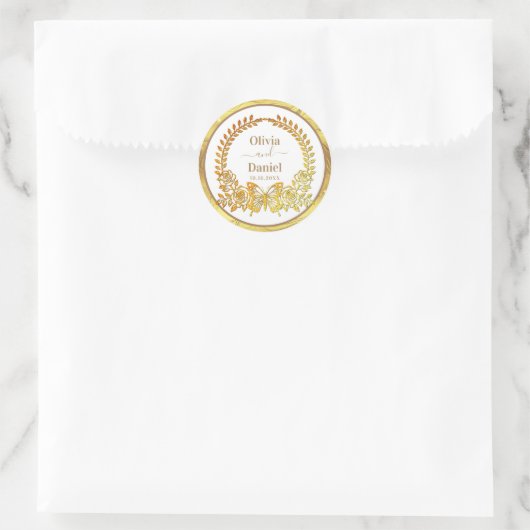 Bewaar de datum, gouden vlinder en bloem ronde sticker (Tas)