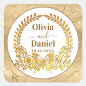 Bewaar de datum, gouden vlinder en bloem vierkante sticker (Voorkant)
