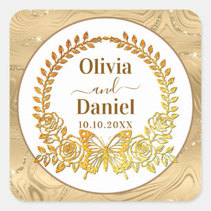 Bewaar de datum, gouden vlinder en bloem vierkante sticker