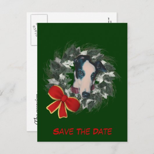 Bewaar de datum Greyhound Wreath Holiday Aankondigingskaart (Voorkant / Achterkant)