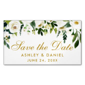 Bewaar de datum Groene Witte Bloemen Mini Magneet (Voorkant)