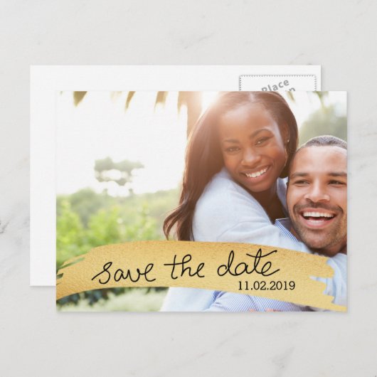 Bewaar de datum Handgeschreven Faux Gold Fotobehan Aankondigingskaart (Voorkant / Achterkant)