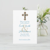 Bewaar de datum Jeweled Gold Cross Blue Save The Date (Staand voorkant)