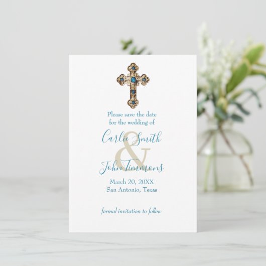 Bewaar de datum Jeweled Gold Cross Blue Save The Date (Staand voorkant)
