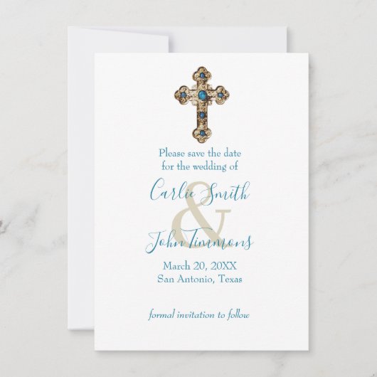 Bewaar de datum Jeweled Gold Cross Blue Save The Date (Voorkant)