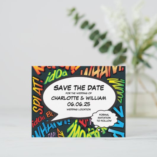 Bewaar de datum Modern Fun Comic Book Aankondigingskaart (Staand voorkant)