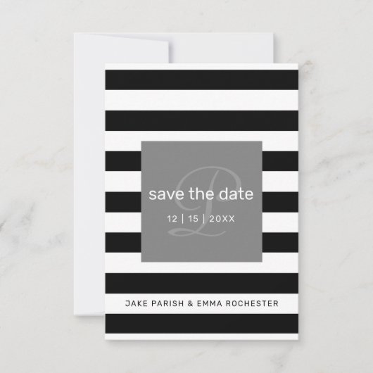 Bewaar de datum Modern Monogram Black White Stripe Save The Date (Voorkant)