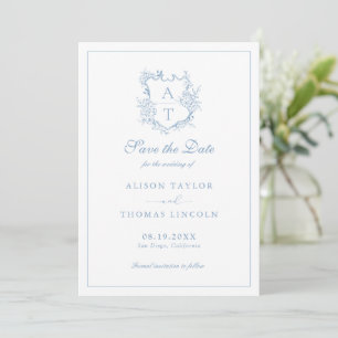 Bewaar de datum Monogram Crest Dusty Blue Kaart