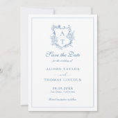 Bewaar de datum Monogram Crest Vibrant Blue Kaart (Voorkant)