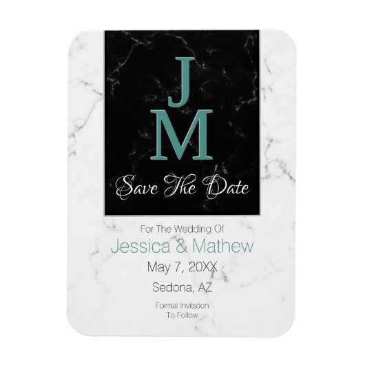 Bewaar de datum, Monogram wit & zwart marmer, DIY Magneet (Verticaal)