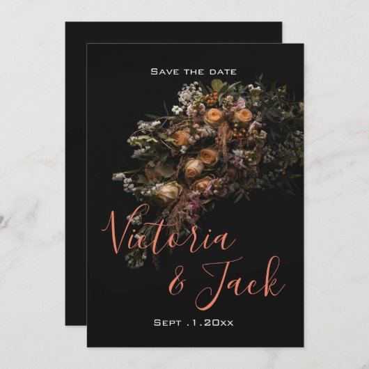 Bewaar de datum Moody Bloemig,sinaasappel Wit Bloe Kaart (Voorkant / Achterkant)