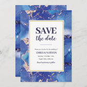 Bewaar de datum Navy Blue Gold Inky Invitation Kaart (Voorkant / Achterkant)