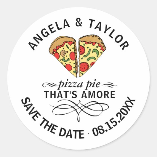 Bewaar de datum Pizza Love Couple Aangepaste Namen Ronde Sticker (Voorkant)