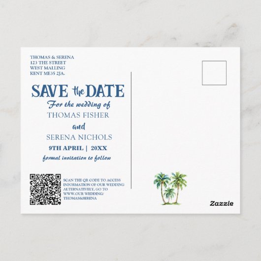 Bewaar de datum QR code Tropical Beach aankondigin Briefkaart (Achterkant)
