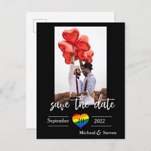 Bewaar de datum Rainbow Heart Photo Aankondigingskaart (Voorkant / Achterkant)