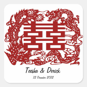 Bewaar de datum Red Double Happiness Wedding Vierkante Sticker