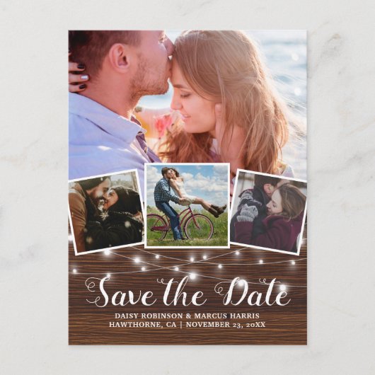 Bewaar de datum Rustic Wood 4 foto Aankondigingskaart (Voorkant)