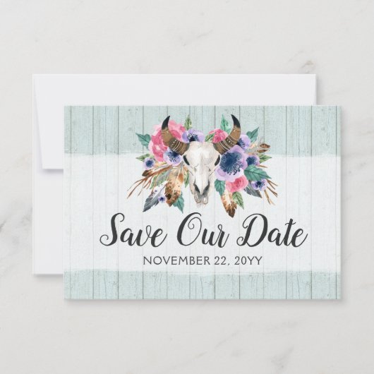 Bewaar de datum Rustieke Bloemen Koe Schedel Boho  Save The Date (Voorkant)
