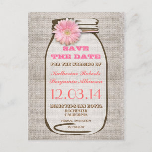 Bewaar de datum rustieke Burlap Mason Jar Pink Ger Aankondigingskaart