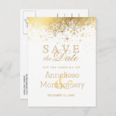 Bewaar de datum Stijlvolle witte en gouden sneeuwv Aankondigingskaart (Voorkant / Achterkant)