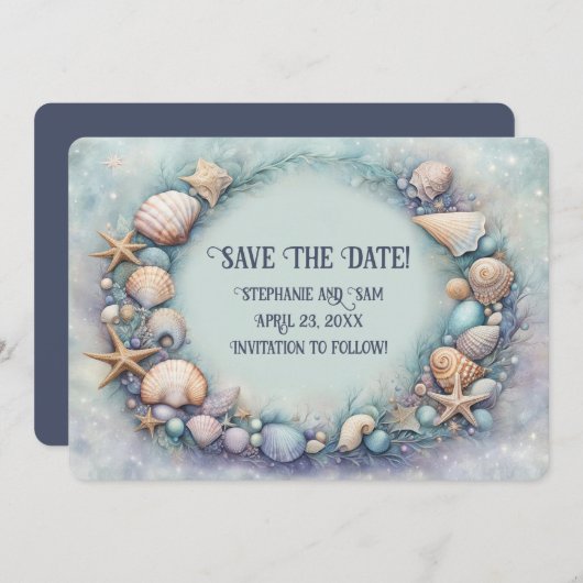 Bewaar de datum strand schelpen krans uitnodiging (Voorkant / Achterkant)