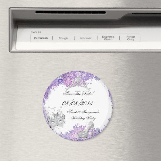 Bewaar de datum Sweet 16 Masquerade Paarse Wit 2 Magneet (Insitu (Vaatwasser))