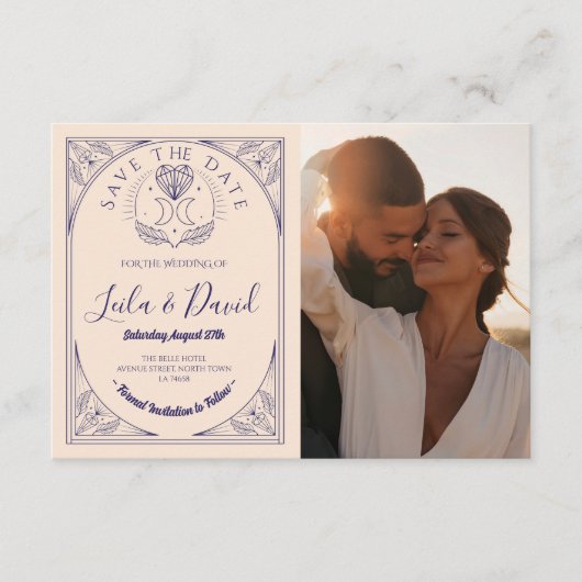 Bewaar de datum Tarot Moon Crystal Hearts Wedding Informatiekaartje (Voorkant)